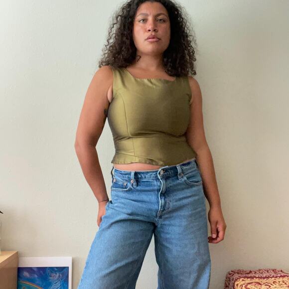 OLEANA vintage 90s silk green corset tank made in Norway - Picture 2 of 8